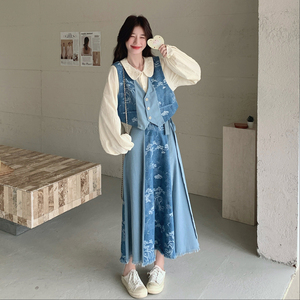 新中式国风印花娃娃领衬衫显瘦马甲牛仔半身裙三件套女秋2026新款图片
