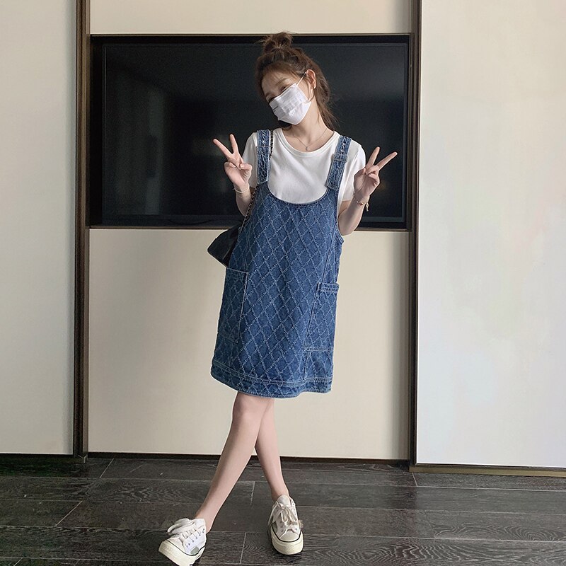 韩版减龄菱格牛仔背带裙女2025夏季新款日系宽松显瘦学院风短裙子,女装连衣裙,浙宝293