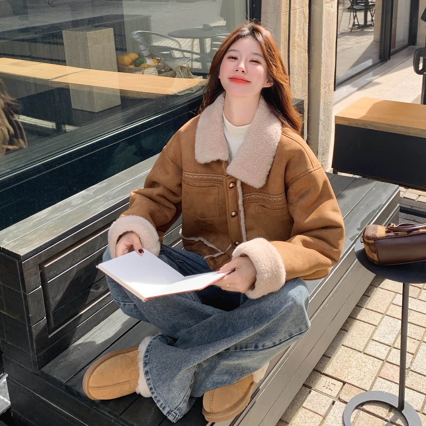 皮毛一体复古麂皮绒外套女2025冬季新款超好看复古小个子短款棉服,女装毛呢外套,浙宝293
