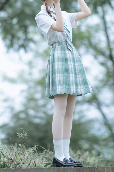 卡拉物语原创贩梦树jk制服格裙紫色绿色春夏季双子格子百褶裙现货