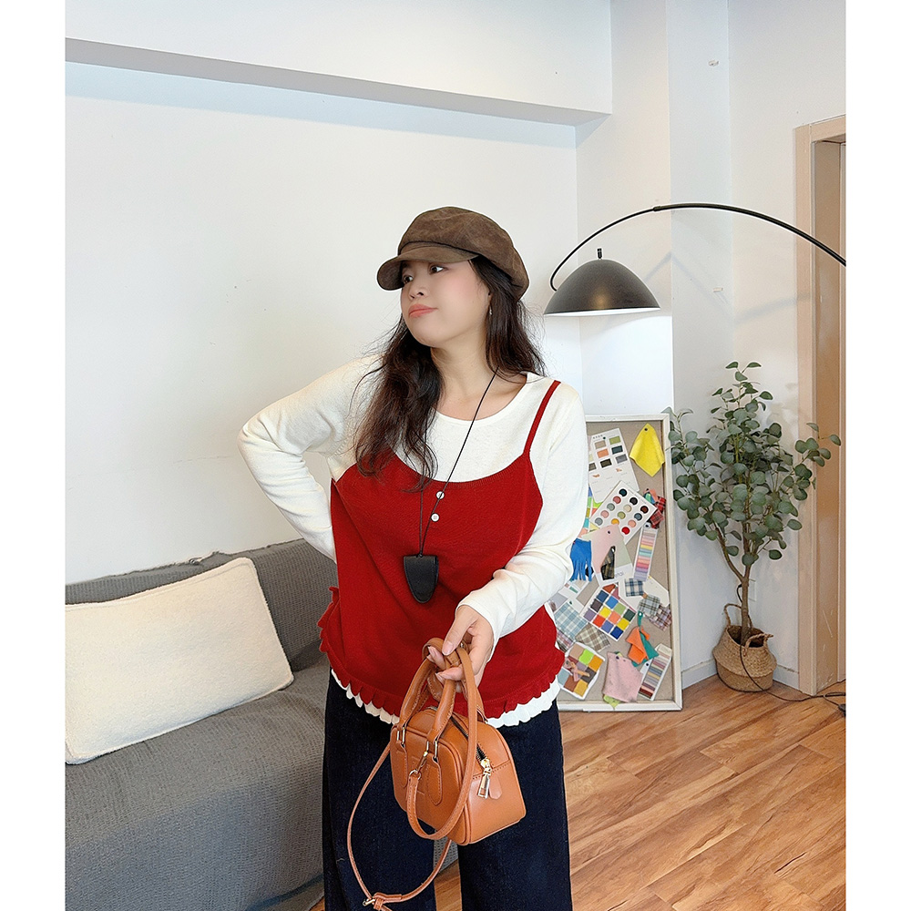 设计感撞色假两件花边针织衫显瘦