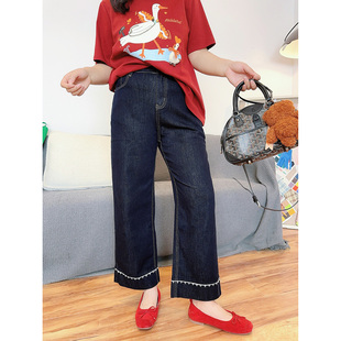 深蓝色刺绣边直筒牛仔裤 显瘦百搭 新品 0点