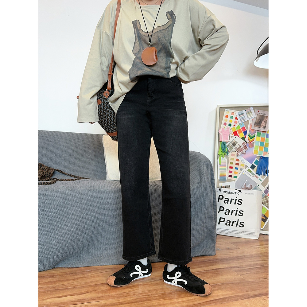 高腰弹力宽松直筒九分牛仔裤显瘦