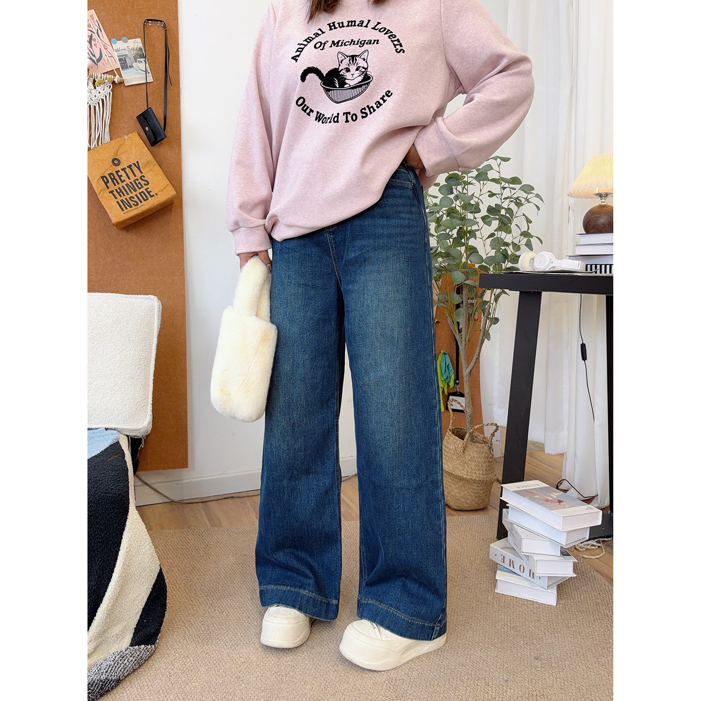 【10/20  新品】宽松遮肉阔腿直筒植绒牛仔裤保暖