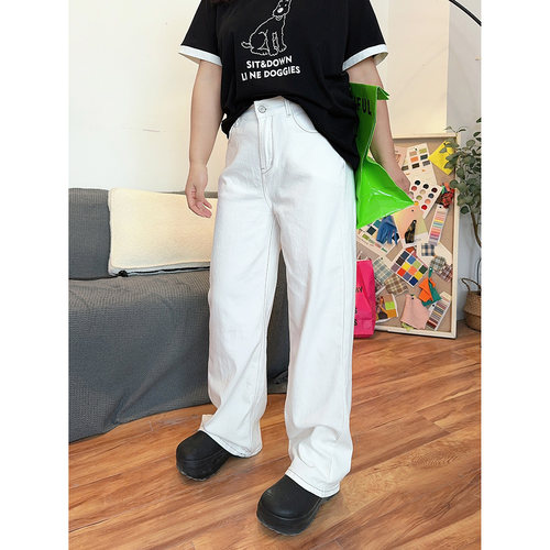 高腰弹力宽松直筒拖地裤牛仔裤