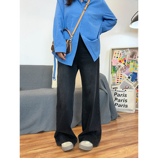 V花边下大码女装胖mm2025秋季高腰阔腿直筒牛仔裤宽松长裤遮肉