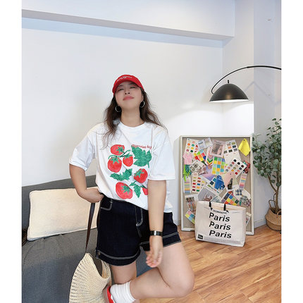 花边下大码女装胖mm2024夏季新款轻薄柿子印花圆领短袖落肩T恤