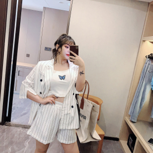 套装 V花边下大码 轻薄阔腿减龄短裤 外套女2020夏装 宽松西装