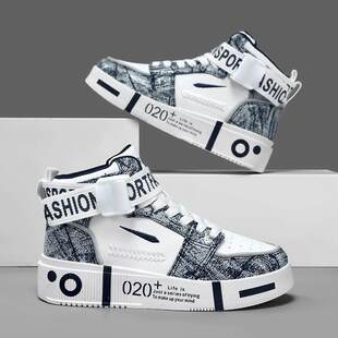 新款男鞋春秋季高帮板鞋青少年鞋子男潮鞋运动休闲鞋高邦帆布鞋