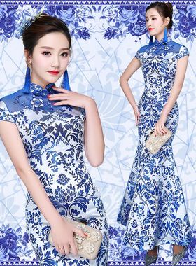 新款青花瓷旗袍鱼尾晚礼服长款性感修身中式主持宴会晚装演出服女
