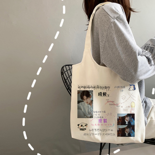 成毅周边同款帆布袋购物袋子手提袋大容量女学生单肩包小清新书包