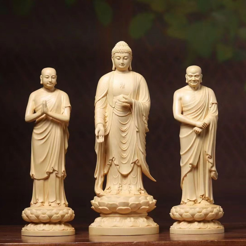 佛陀摆件实木雕刻大日如来木雕佛祖侍者迦叶阿难尊者桧木玄关供奉