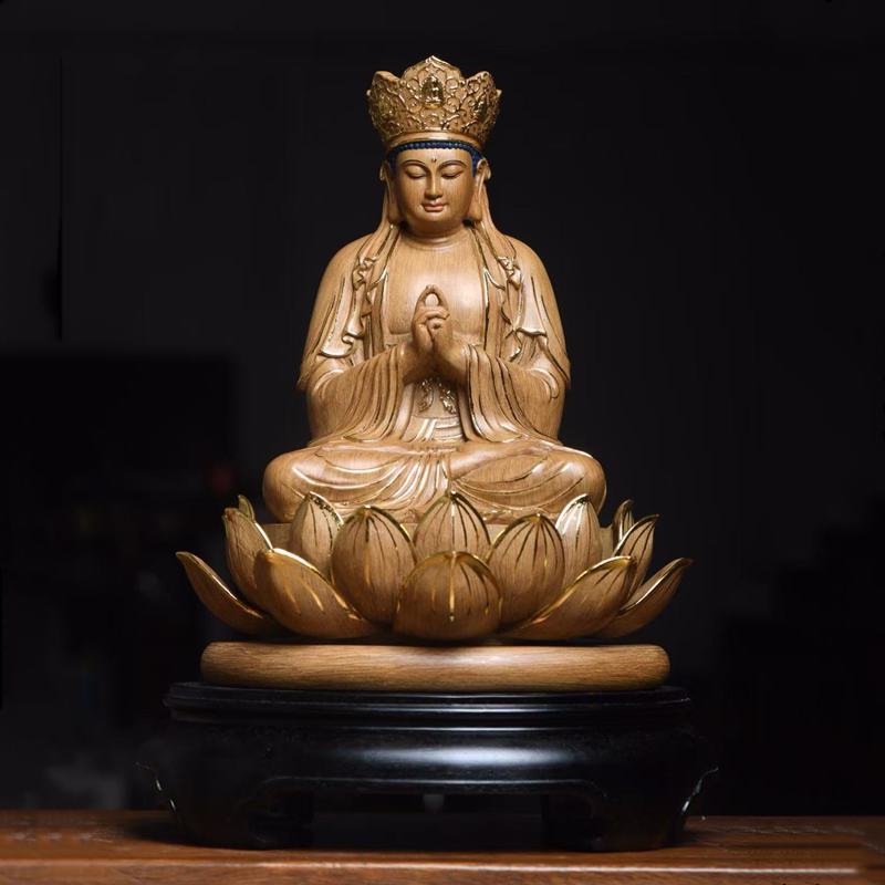 毗卢遮那佛沉香木描金实木雕刻佛像摆件净瓶观音菩萨彩绘莲花底座