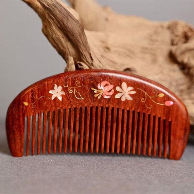 红木梳紫檀木防静电木质头梳家用梳子短发梳手工实木镶嵌贝壳包邮