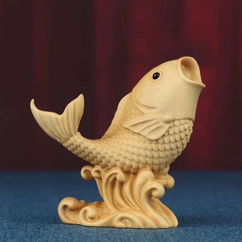 锦鲤摆件小号木雕茶宠迷你车摆手把件小叶黄杨木金鱼盘玩招财好运