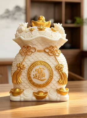 钱袋子摆件丰收鱼篮福袋象牙白创意工艺品象牙果雕刻招财玄关装饰