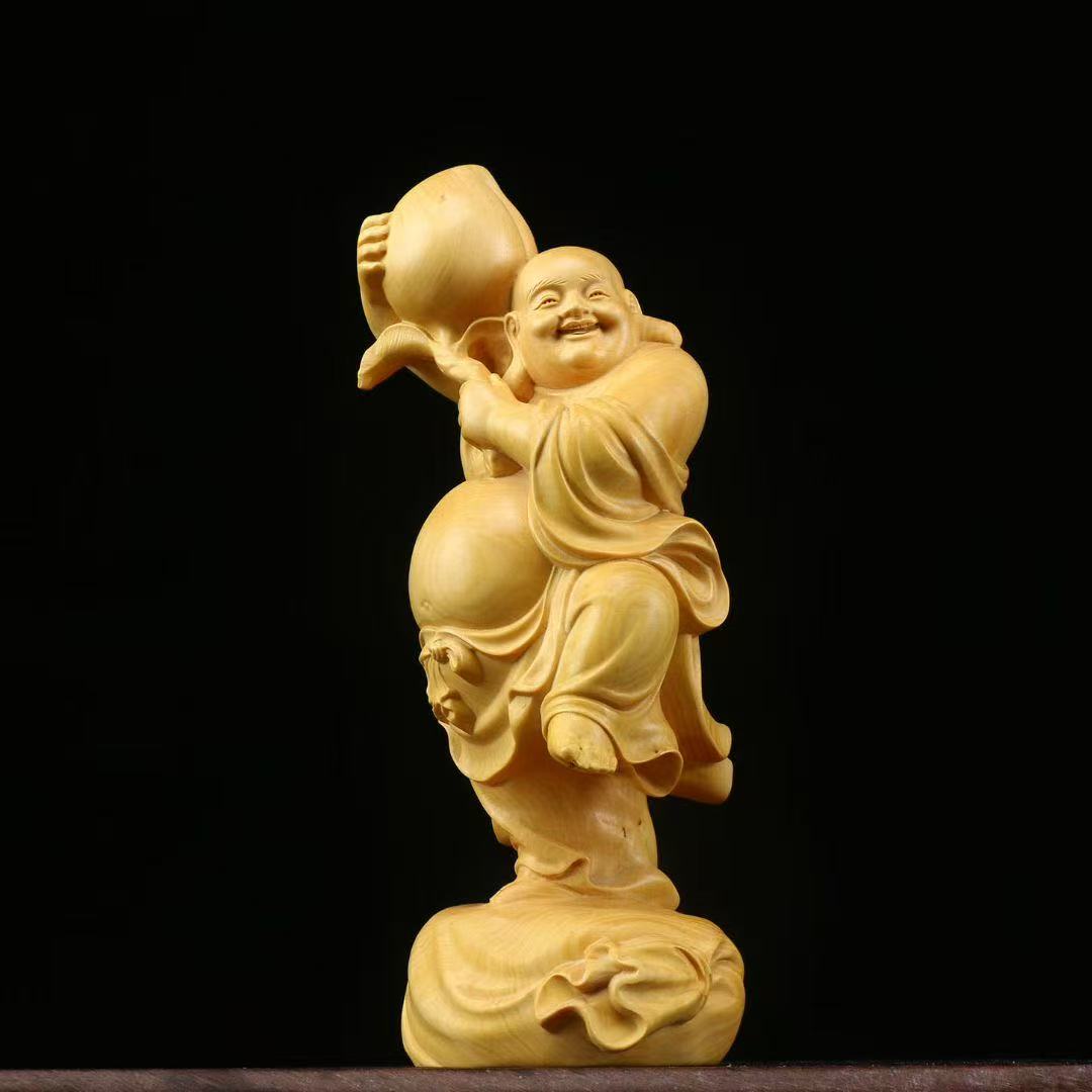 抱桃子弥勒佛雕像实木雕刻皆大欢喜未来佛黄杨木佛像菩萨祝寿摆件