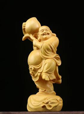 抱桃子弥勒佛雕像实木雕刻皆大欢喜未来佛黄杨木佛像菩萨祝寿摆件