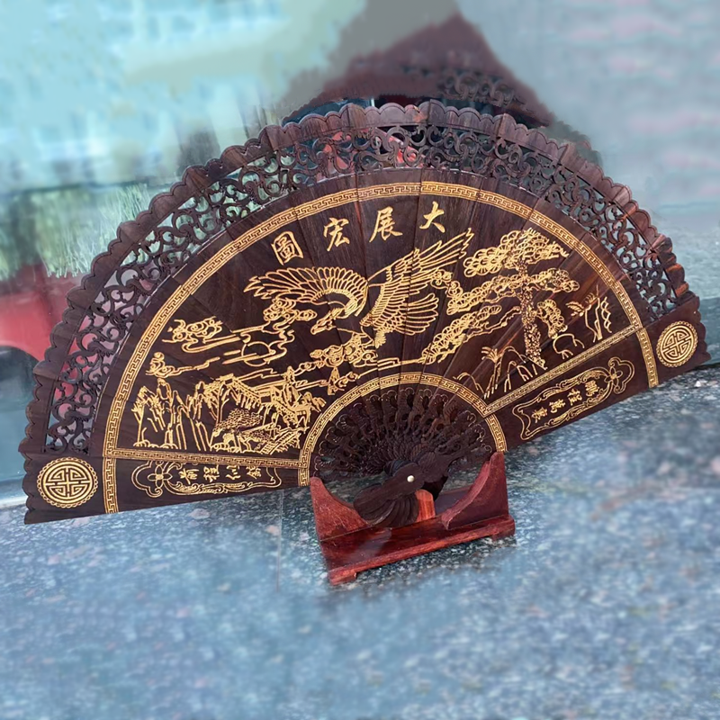 大展宏图扇子摆件实木雕刻鎏金中式复古折扇沁园春定制红木扇子