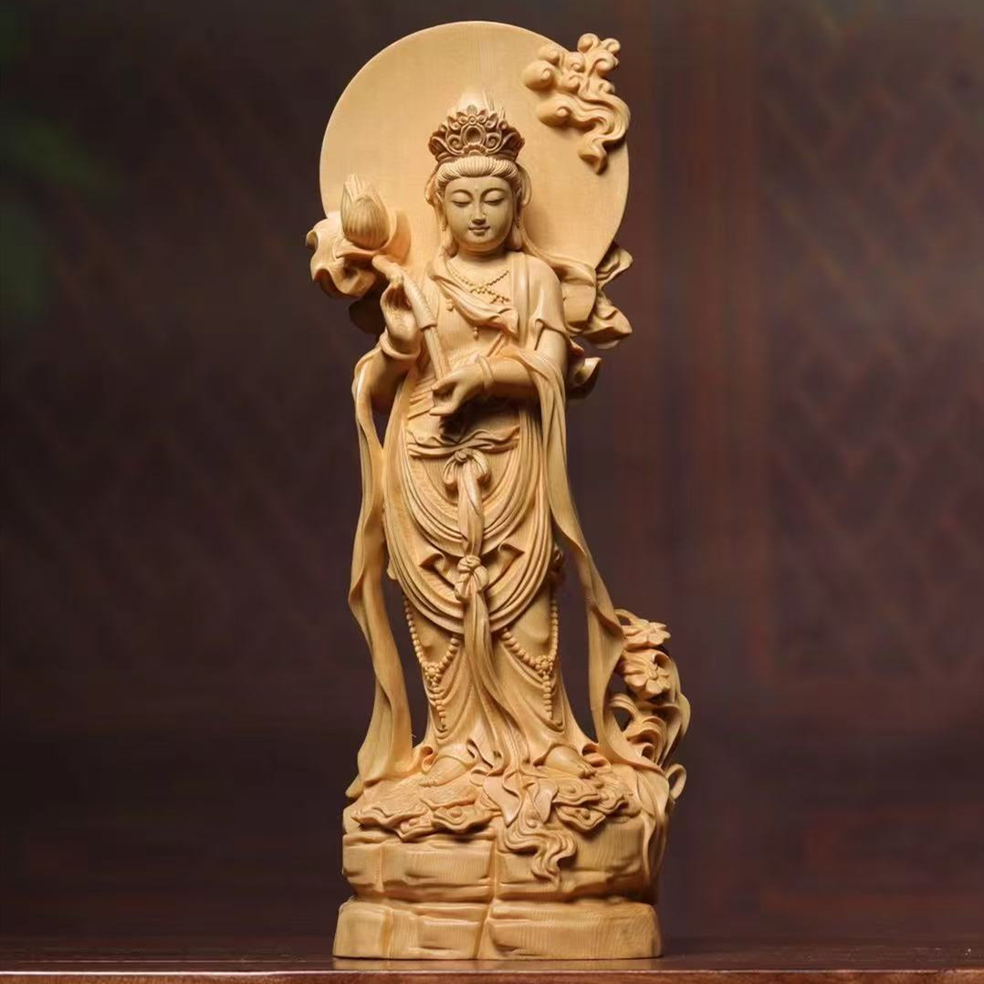 手持莲花大势至菩萨摆件佛堂供奉实木雕刻观音木雕佛像高30cm桧木