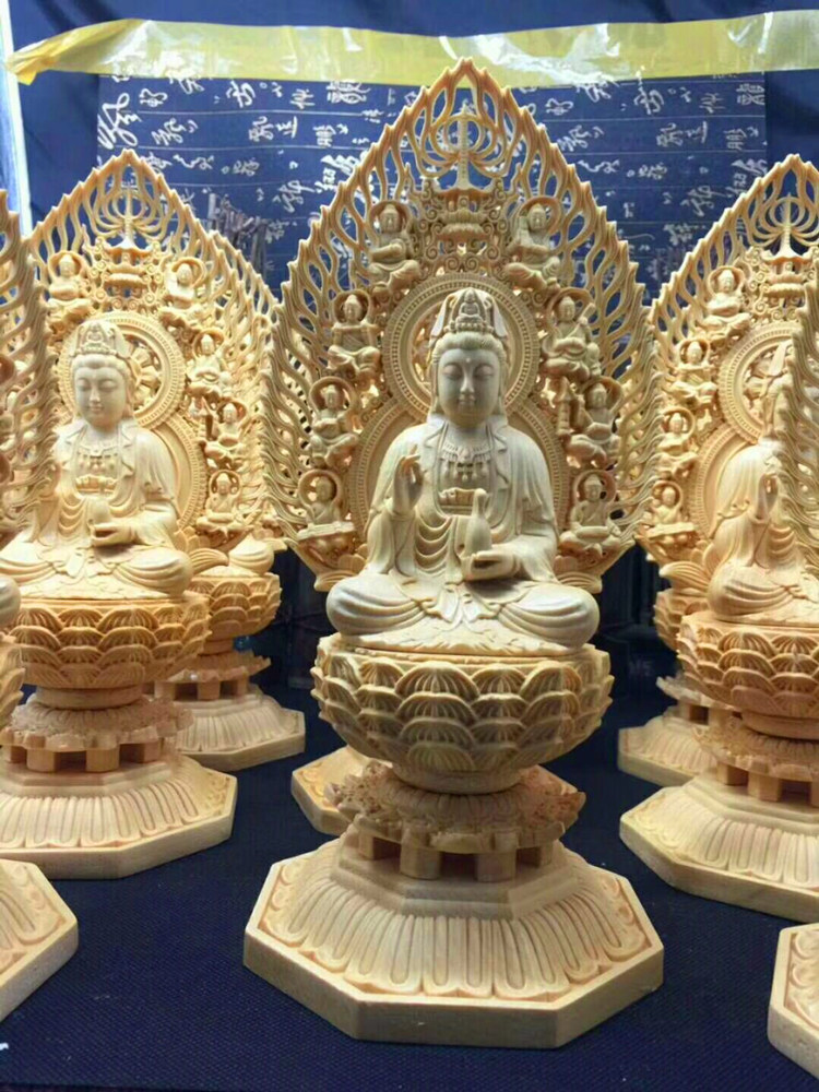 观音木雕菩萨坐式莲花底座净瓶杨柳观世音黄杨木观音佛像摆件包邮