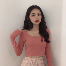 长袖 修身 T恤女百搭打底衫 纯色短款 2019秋季 洋气露脐上衣 新款 韩版