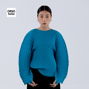 ORSO褶皱宽袖T恤设计感小众百搭上衣纯色女士圆领新中式夏季宽松