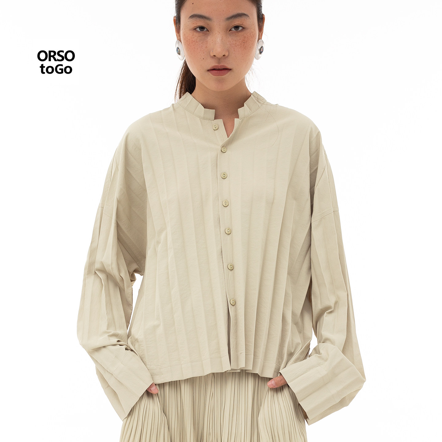 ORSO褶皱艺术家长袖衬衫宽松纯色春季短款休闲上衣新中式设计感女