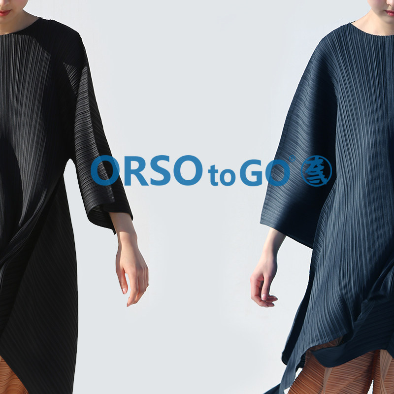ORSO褶皱七分袖t恤新中式女装长款设计感小众黑色打底衫大码显瘦