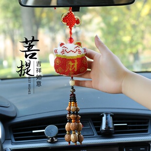 2024车挂印花十字绣满珠绣招财猫车载挂件出入平安自己绣有成品