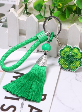 DIY新款印花十字绣小挂件车钥匙扣进口满珠绣绿色四叶草包包挂饰