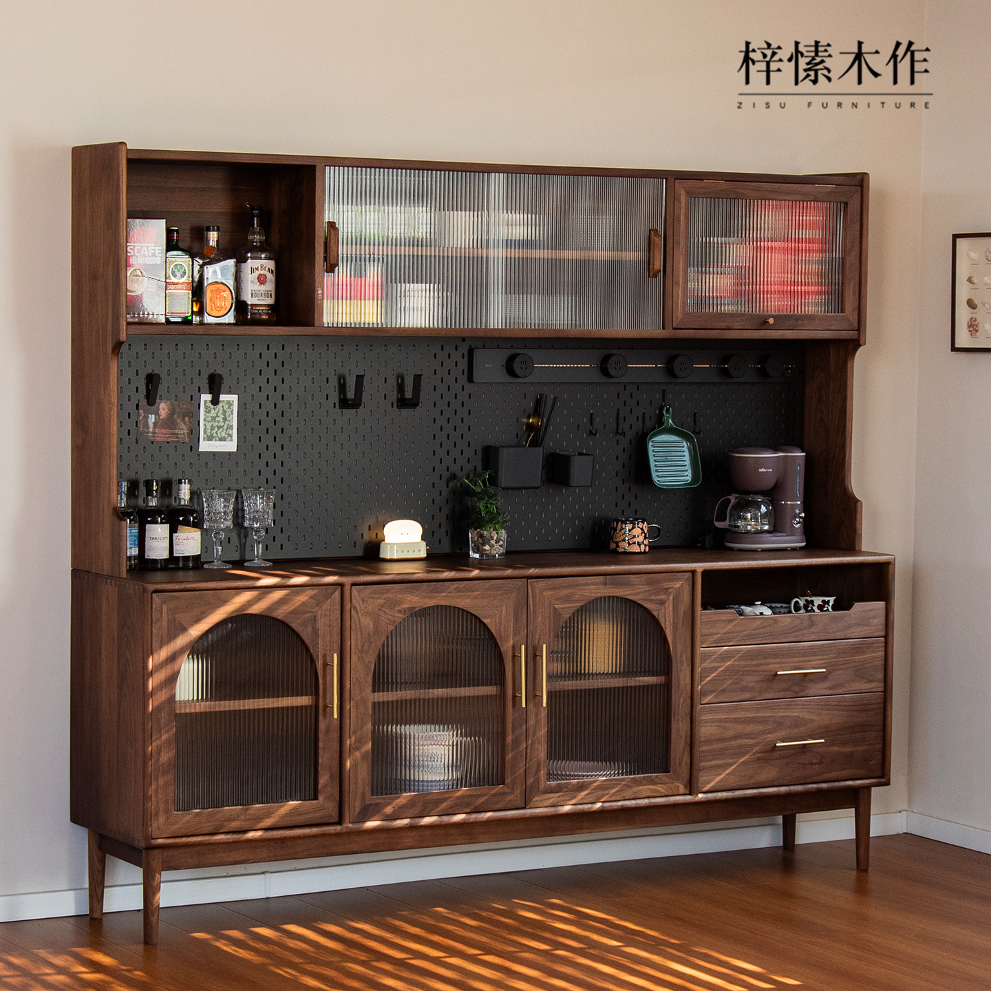 黑胡桃木餐边柜中古风实木1.6米储物柜靠墙一体日式酒柜高柜收纳