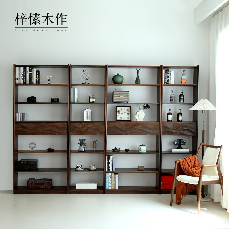 北美黑胡桃木书柜去客厅化实木一体整墙卡座满墙书架组合定制家具