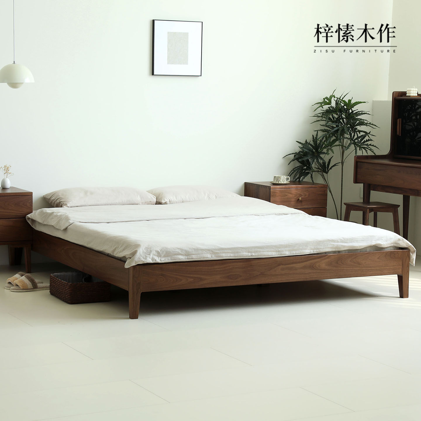 北美黑胡桃木床无床头全实木床小户型地台床架排骨架樱桃木无靠背