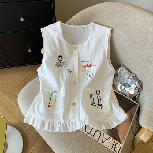 高端女装马夹坎肩背心夏季时尚洋气刺绣花开衫无袖上衣女短衬衫
