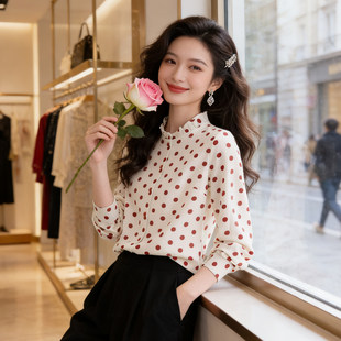 杭州高端真丝衬衫女士洋气波点印花长袖小衫高级感桑蚕丝上衣