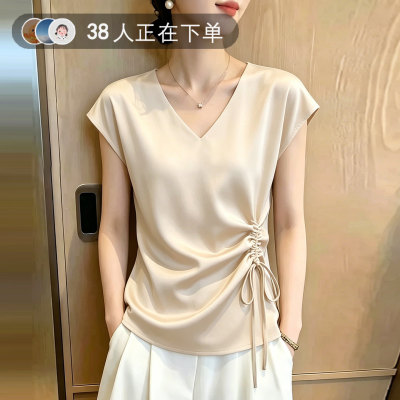 法式V领醋酸缎面衬衫女短