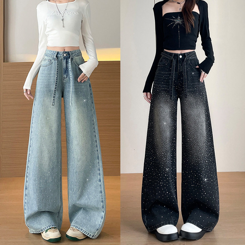 美式复古设计感烫钻爆闪闪亮牛仔裤裤子女款春秋季宽松阔腿拖地裤