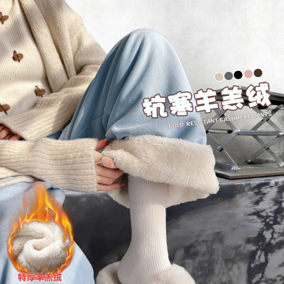 冬季特厚羊羔绒保暖防风阔腿裤女