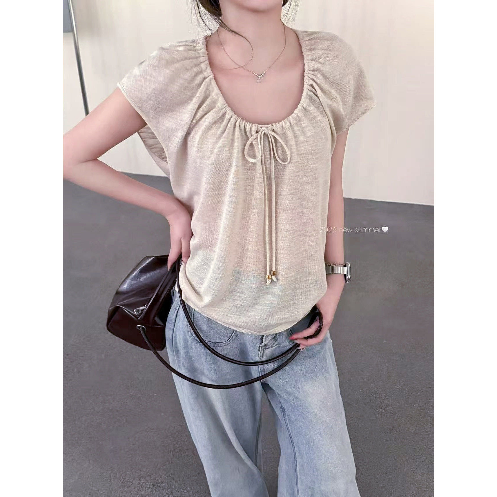 穿绳领冰丝薄款带子短袖U领T恤女夏季褶皱好看针织飞飞袖上衣