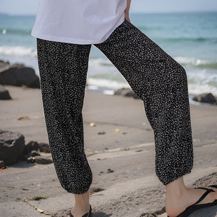 海岛丝高级感黑色5.0度假直筒裤束脚裤防蚊裤IVYYANG长裤阔腿裤子