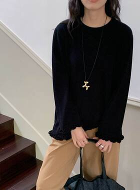 女圆领长袖打底衫秋前短后长不规则花边TA-6207慵懒 侘寂风