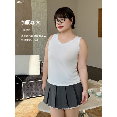 佐丹伊31026#竹纤维V领袖笼拼接蕾丝女背心（加肥加大）宽肩 透视