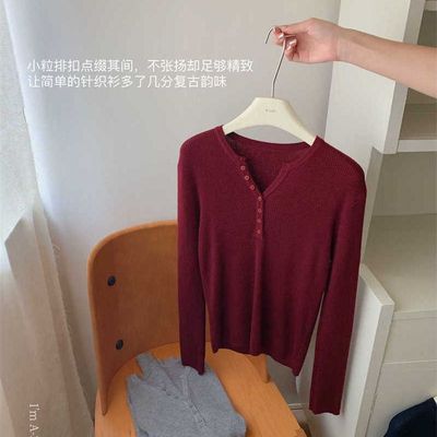 秋意绵绵。小粒排扣针织衫V领长袖 女打底衫A-2569条纹 复古
