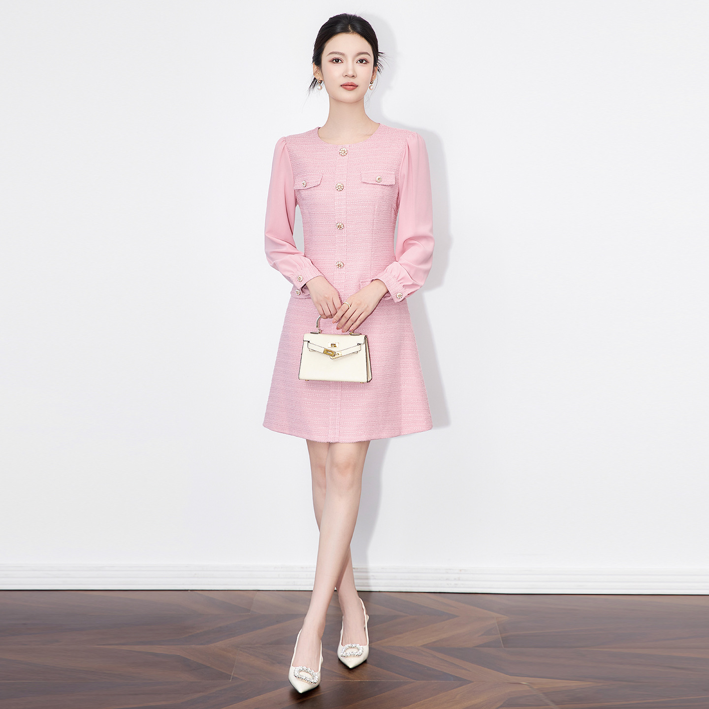 秋冬女装南油轻奢小香风法式名媛优雅收腰A字连衣裙细闪粗花呢女