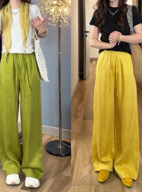 松紧腰天丝亚麻阔腿裤女夏季高腰垂感显瘦百搭休闲裤抽绳直筒长裤