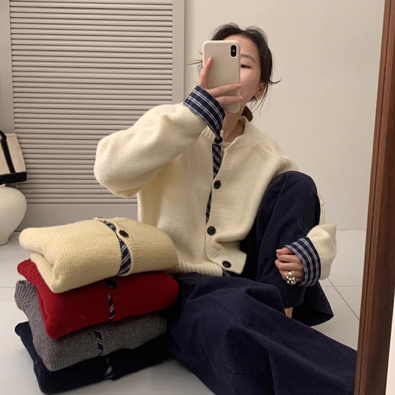 YS韩系软糯针织开衫外套女秋冬新款袖口拼接假两件圆领毛衣上衣