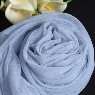 正品2026新款真丝丝巾女皱纹桑蚕丝围巾春季纯色长披肩灰蓝色纱巾