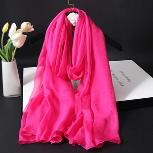 正品真丝丝巾纯色纱巾秋冬季保暖围巾保护颈椎玫红色长款妈妈披肩