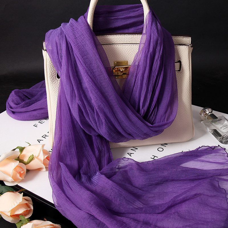 2025新款桑蚕丝丝巾春秋季紫色女款洋气百搭披肩褶皱长款真丝围巾